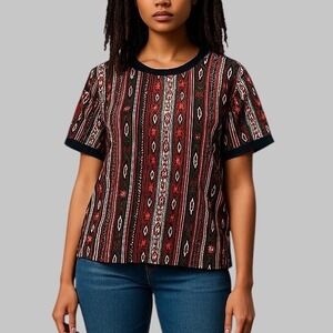 Boho Print Top Faux Leather Trim Short Sleeve Blouse
